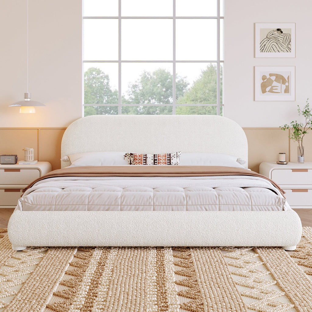 Cream Style Fabric Upholstered King Bed with Curved Headboard - Cream
