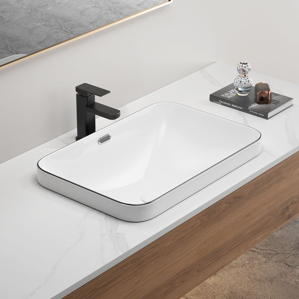 Milk White / Black Undermount Bathroom Sink with Flush-Mount Basin