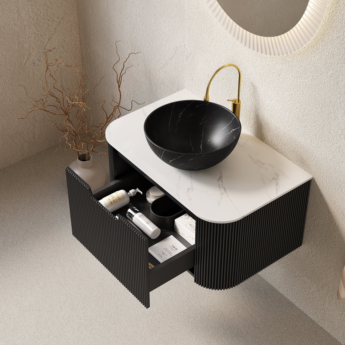 DINA 30" Bathroom Vanity & Sink with Floating Curved Edges - Multiple Colors
