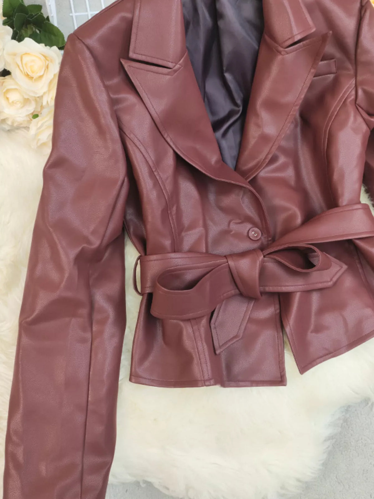 Belted Faux Leather Blazer