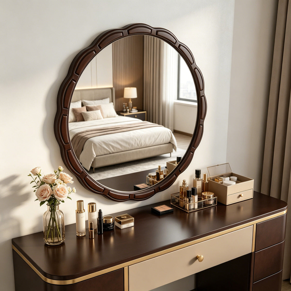 Round Wood Wall Mirror with Solid Wood Frame - 31.5"