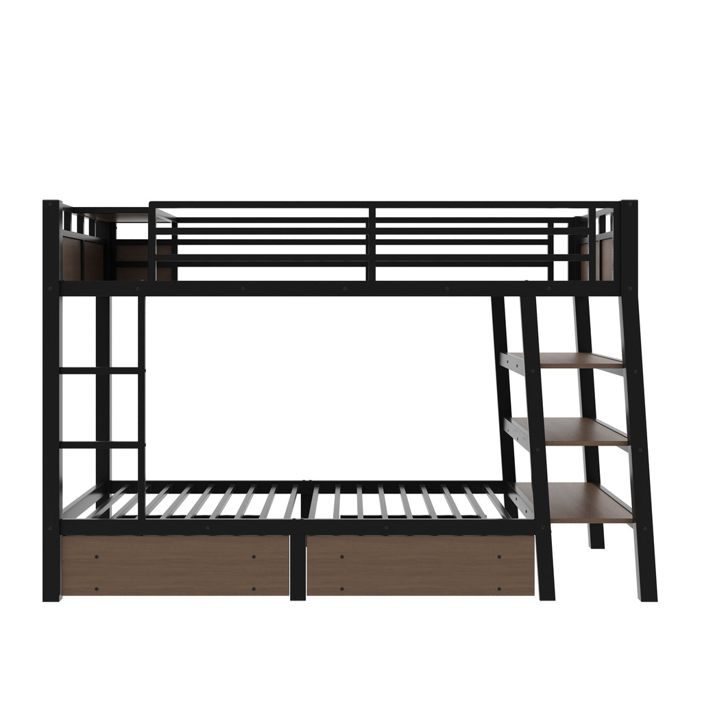 Twin Size Metal Bunk Bed with Storage Shelves and LED Light Strip - Black