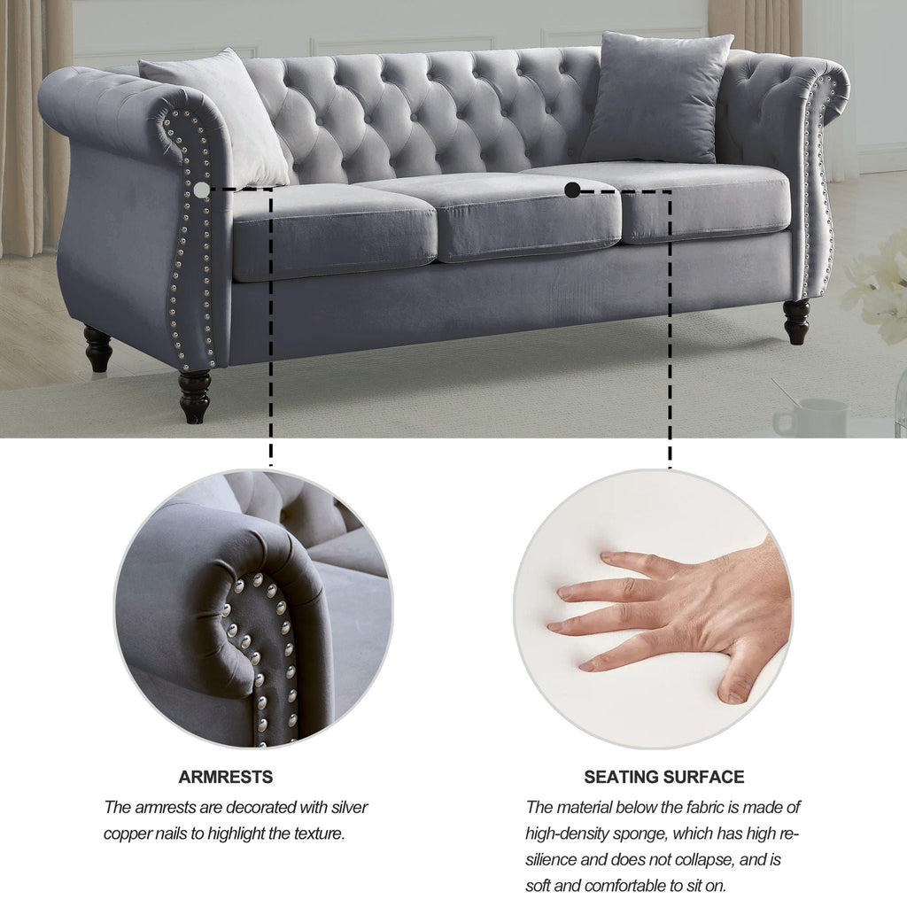 Chesterfield Sofa with Rolled Arms and Nailhead Trim – Solid Wood Frame