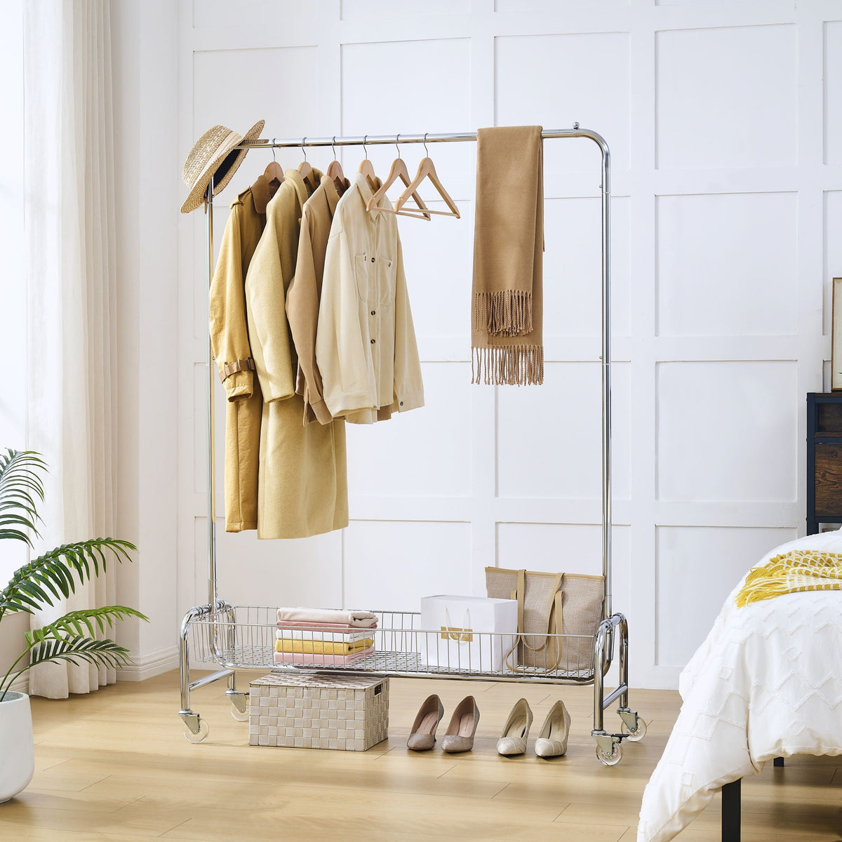 Heavy Duty Iron Garment Rack with Basket on Wheels - Silver