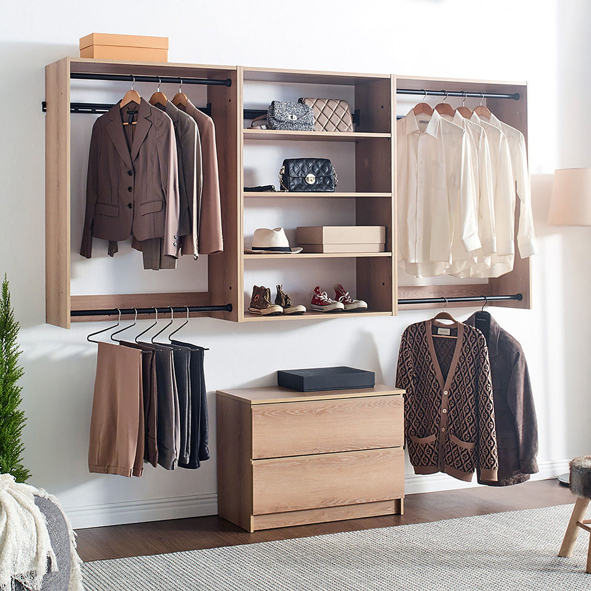 Wall Mounted Wood Closet System with Modular Units – White or Light Brown