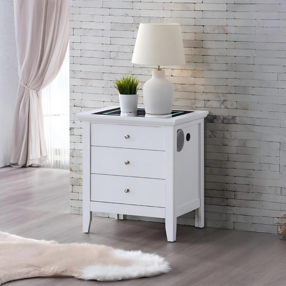 Smart 3 Drawer Nightstand with USB Charging and Integrated Speakers - White