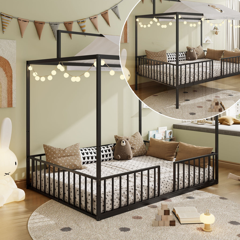 3 In 1 Convertible Montessori Floor Bed with Fenced Support - Full