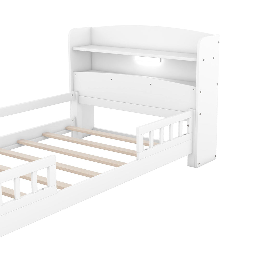 Wood Platform Storage Bed with LED Light & Storage Headboard - White or Dark Gray