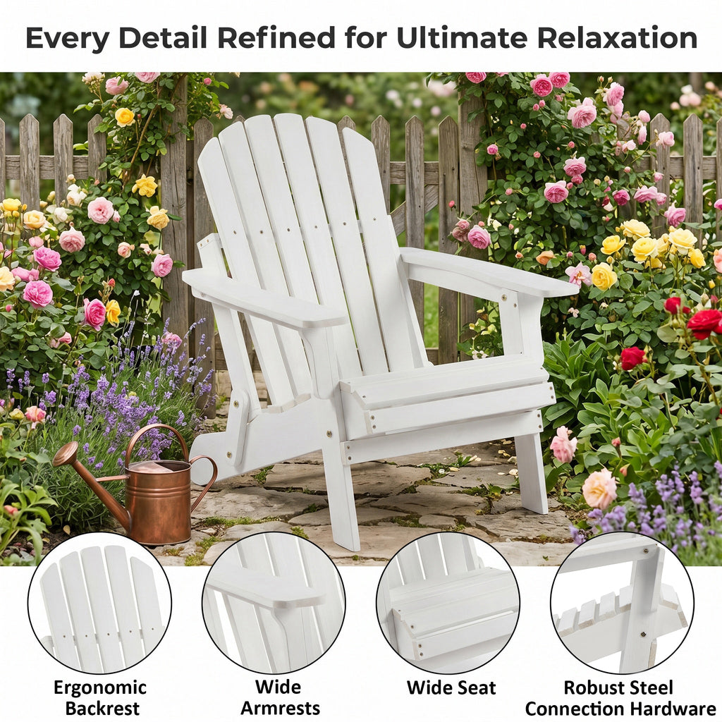 Oversize Wooden Outdoor Folding Adirondack Chair with Folding Feature - White Washed