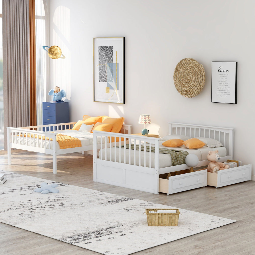 Convertible Bunk Bed With Drawers - Solid Wood with Storage - White, Dark Brown or Dark Gray