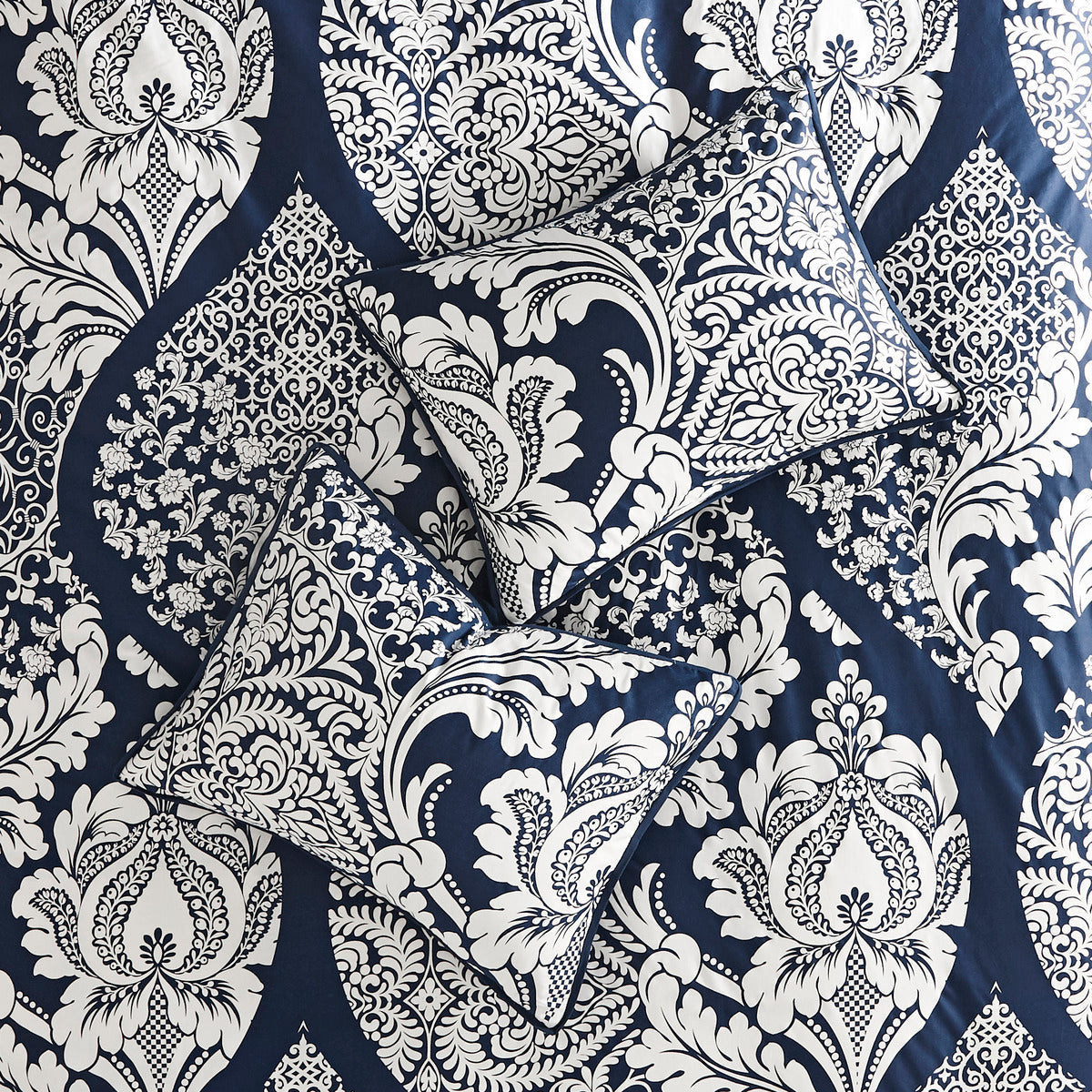 Indigo 7 Piece Cotton Printed Comforter Set with Damask Design - King