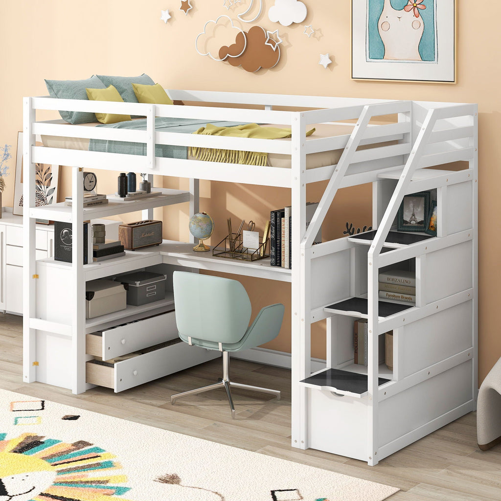 Loft Bed with Desk and Storage Staircase - Full or Twin, White or Gray