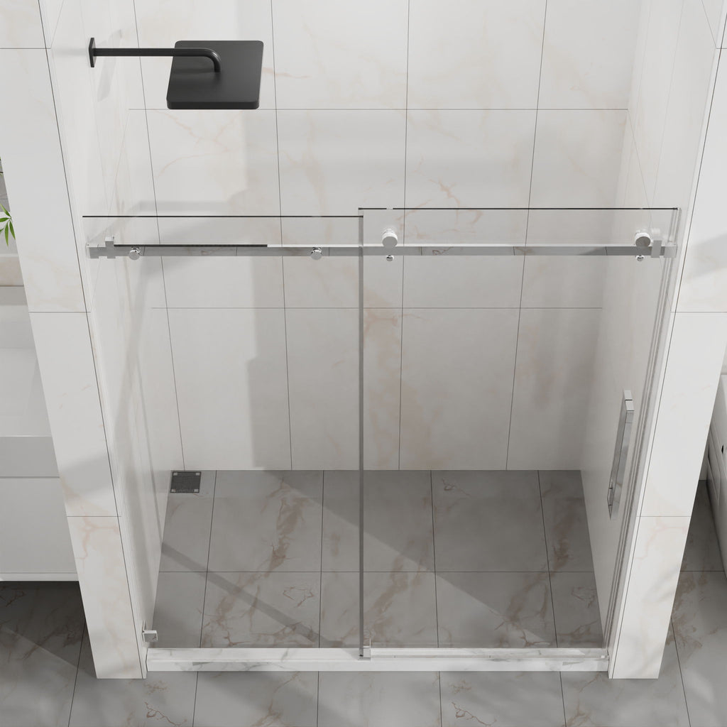 Frameless Tub Sliding Shower Door with Easy Clean Coating - Black or Pearl Silver