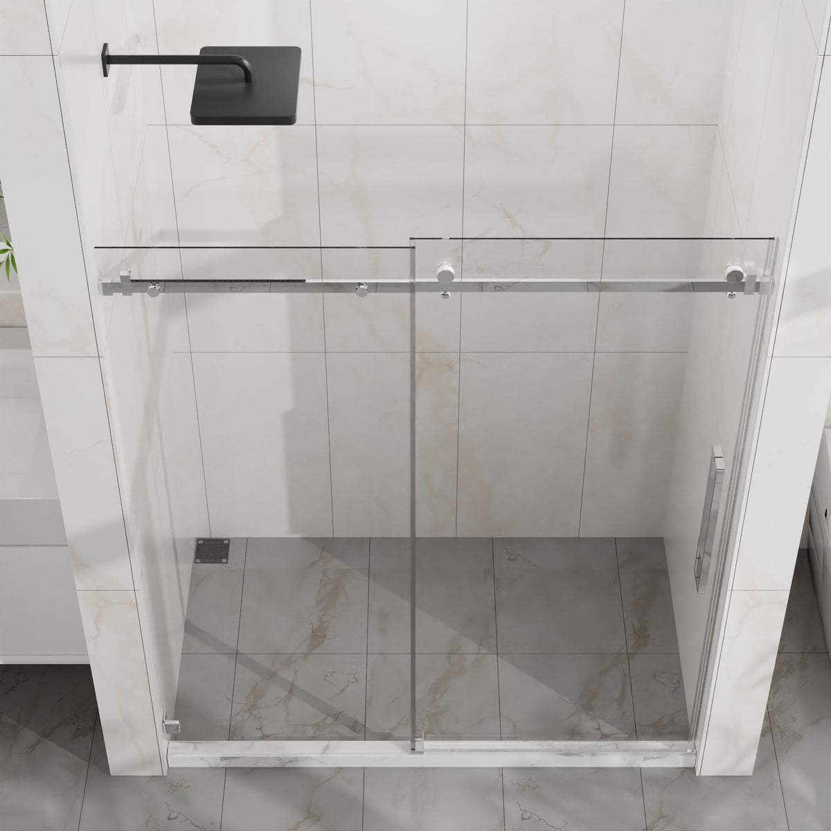 Frameless Tub Sliding Shower Door with Easy Clean Coating - Black or Pearl Silver