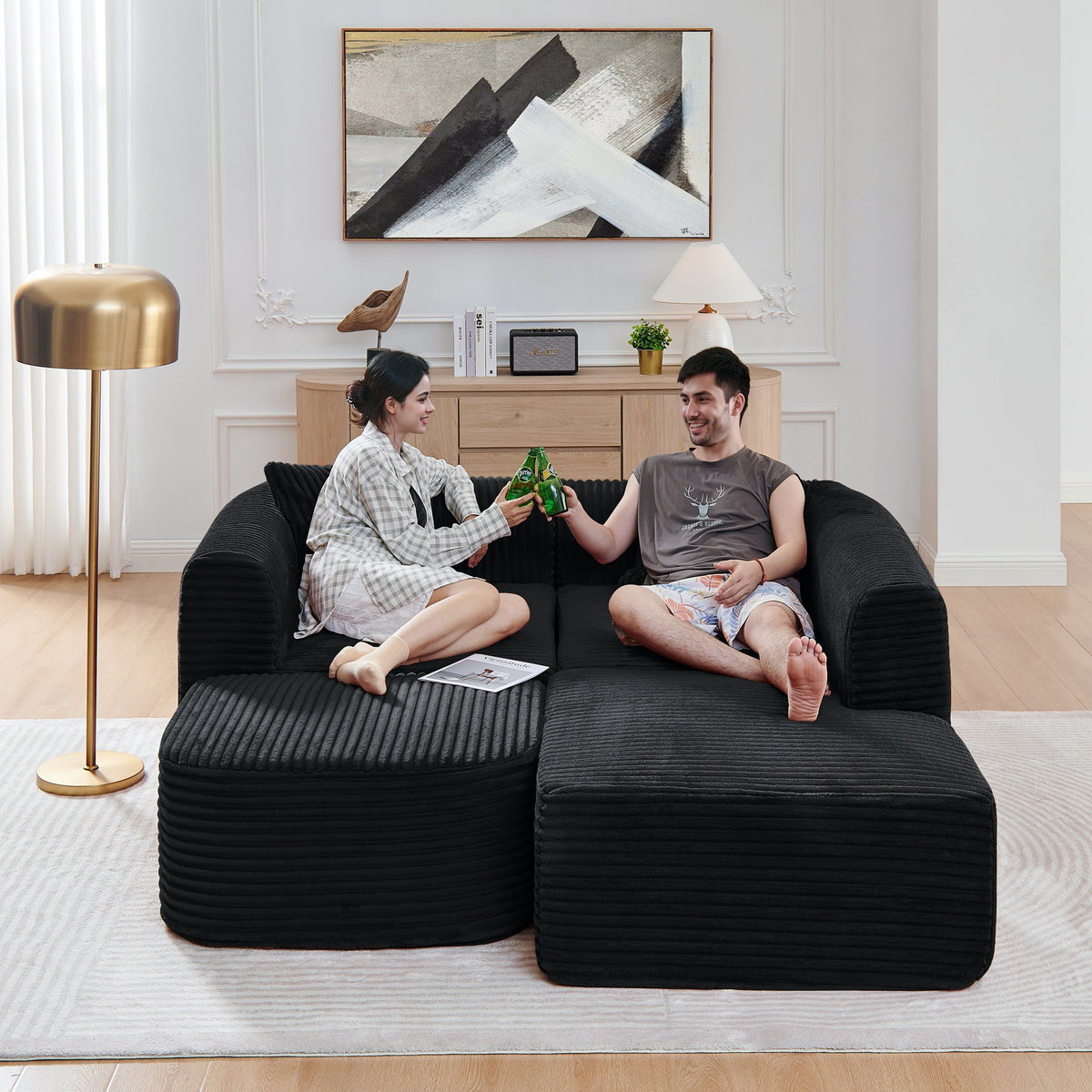 114" Cloud Sectional Couch with L-Shape Chaise – Corduroy Modular Sofa - Black or Grey