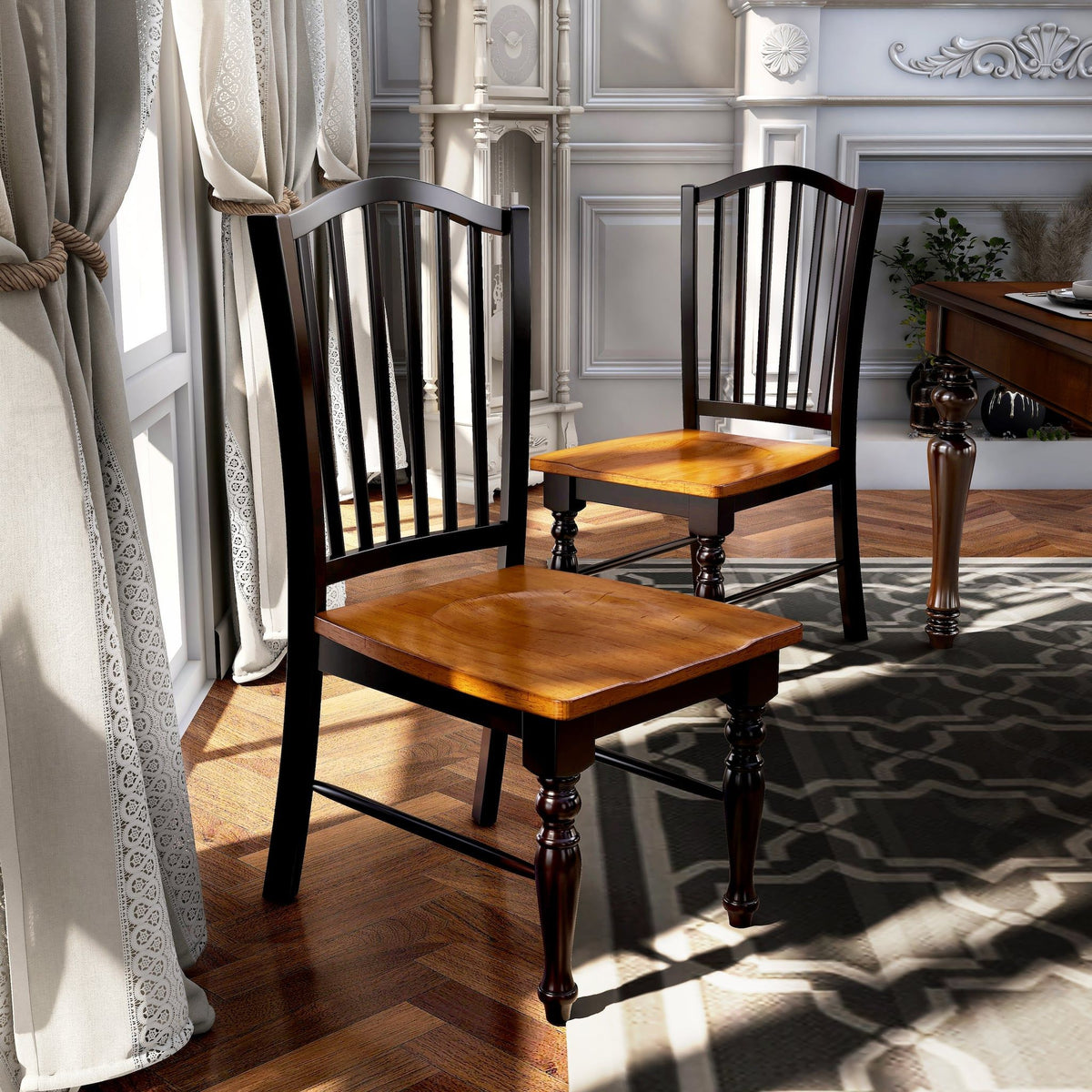 Solid Wood Dining Side Chairs with Classic Design - Black and Oak (Set of 2)