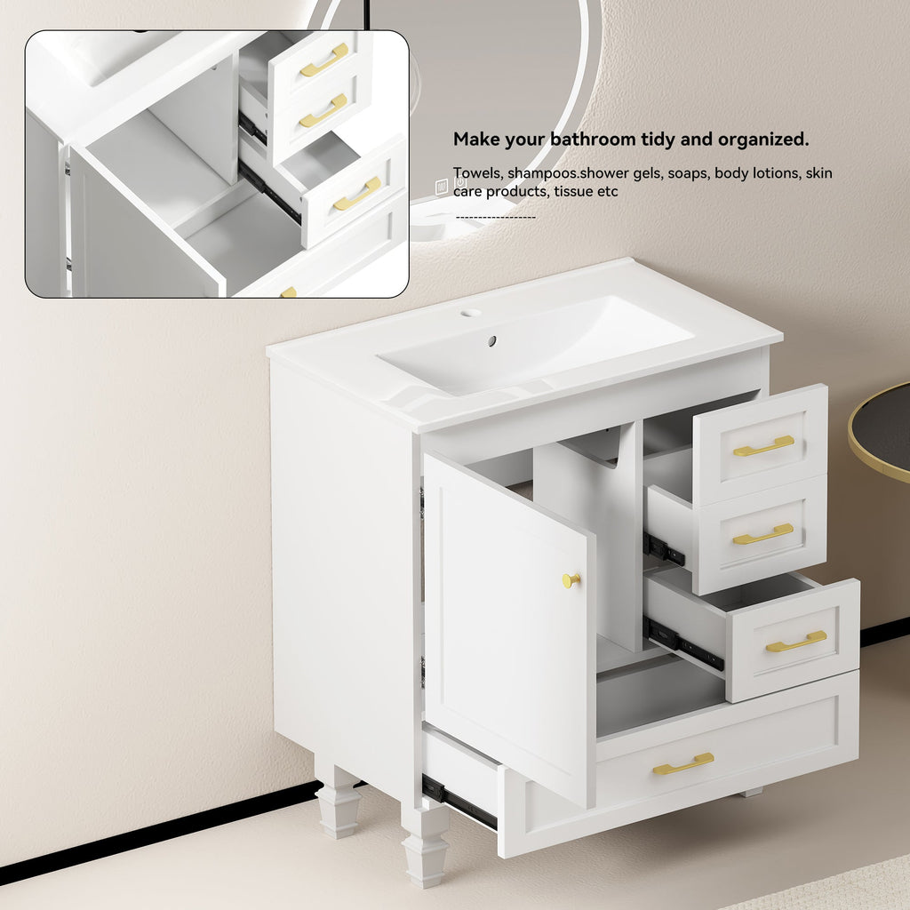 30" White Bathroom Vanity with Soft Close Doors and Ample Storage - White