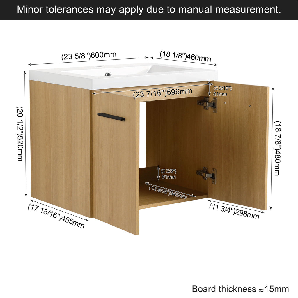Floating Bathroom Vanity With Sink, Wall Mounted Double Door Storage - Light Brown