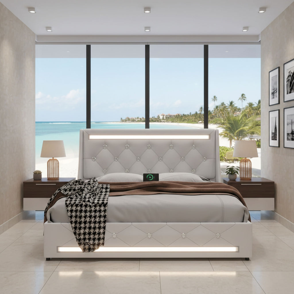 Wingback Upholstered Bed Frame with LED Lights and Charging Station - Black or White
