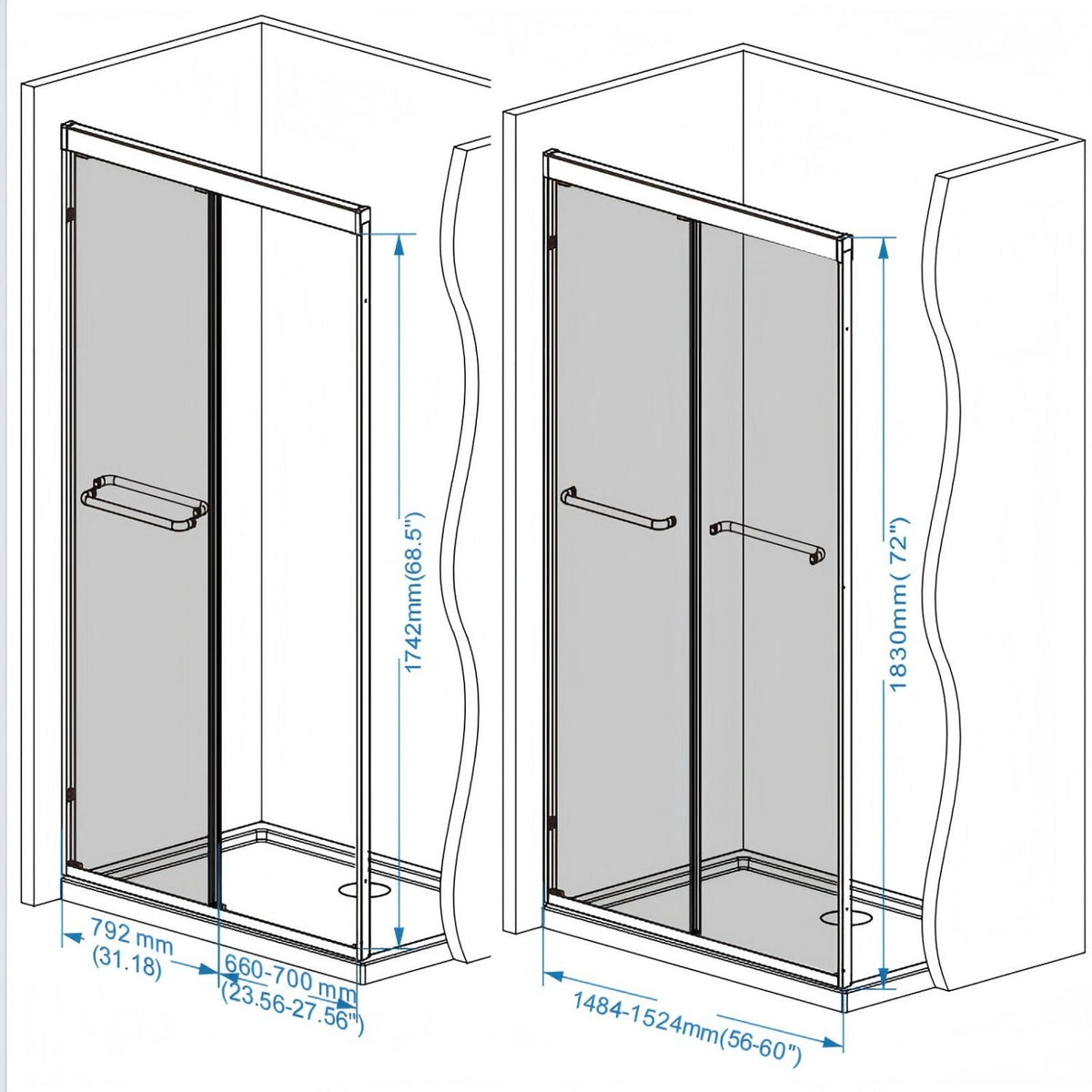 Double Sliding Shower Door with Explosion Proof Film - Black, Gray, or Dark Gray