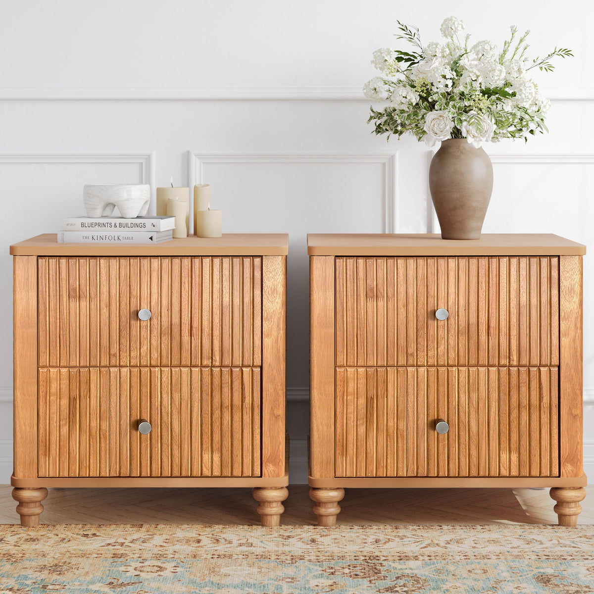 Modern Fluted Nightstand with 3 Drawers - Dark Brown or Light Brown