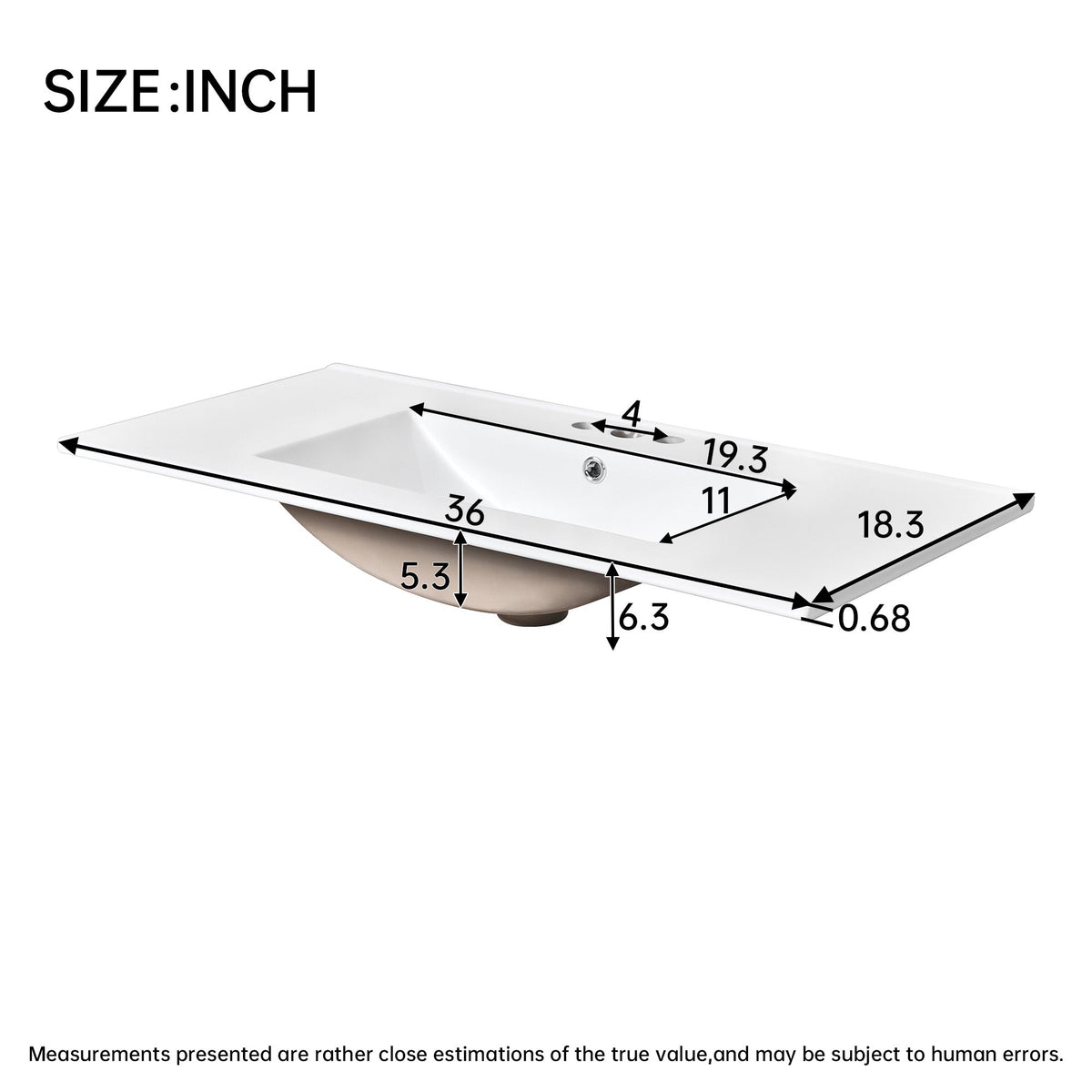 36" Single Bathroom Basin Sink with 3 Faucet Holes - Ceramic White