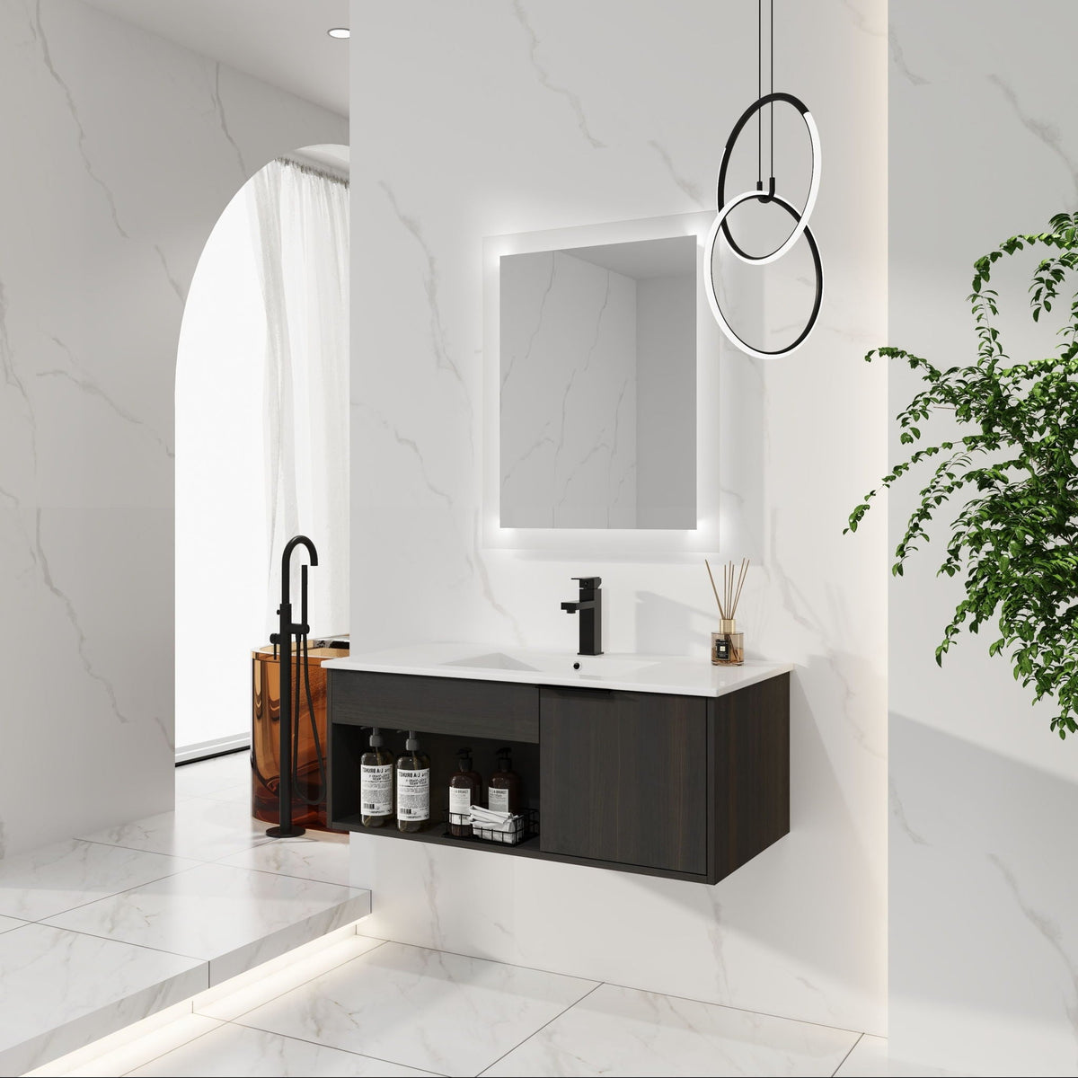 Wall Mounted Floating Bathroom Vanity with Open Shelf & Soft Close Door - Dark Brown