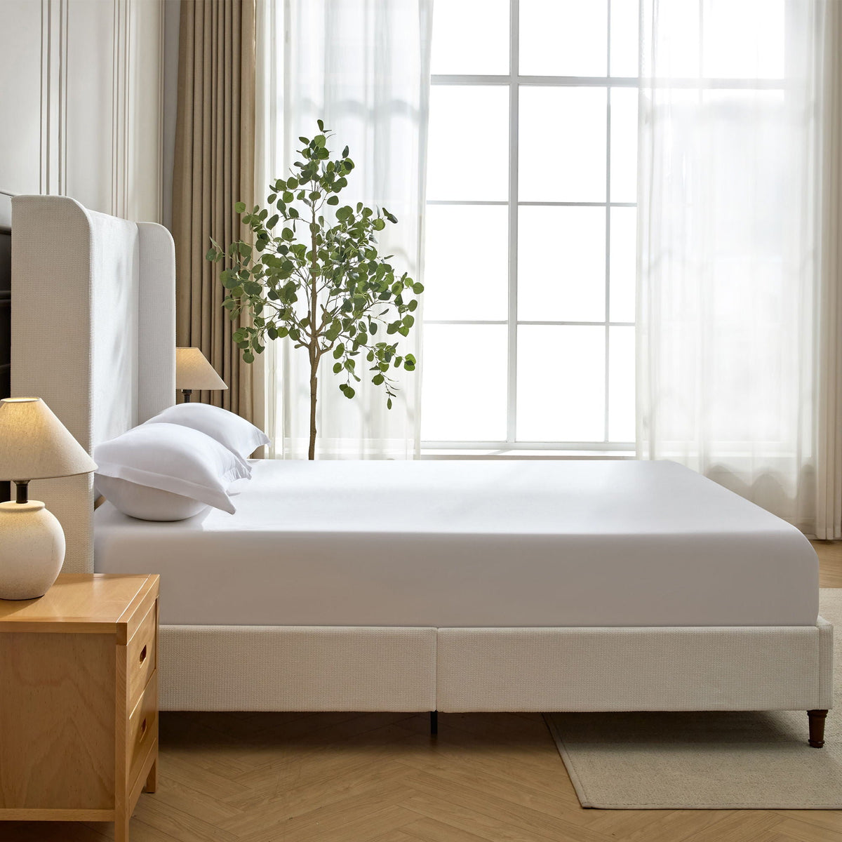 Tall Headboard Upholstered Bed with No Box Spring Needed - Cream