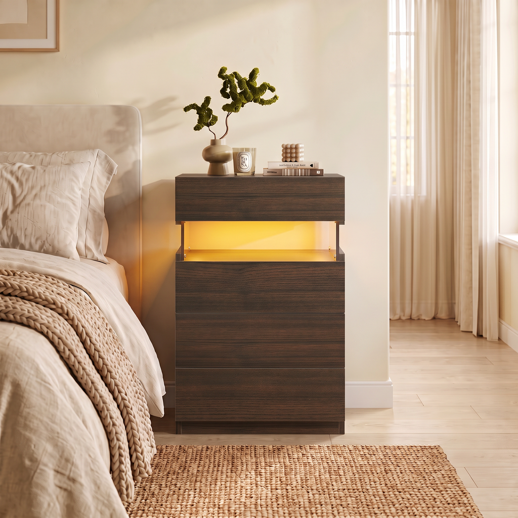 Modern Nightstand with LED Lights and 4 Drawers - White
