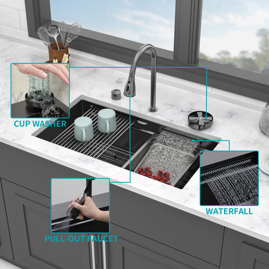 Undermount Stainless Steel Kitchen Sink with Pull Down Faucet & Ledge Workstation - Gray or Black