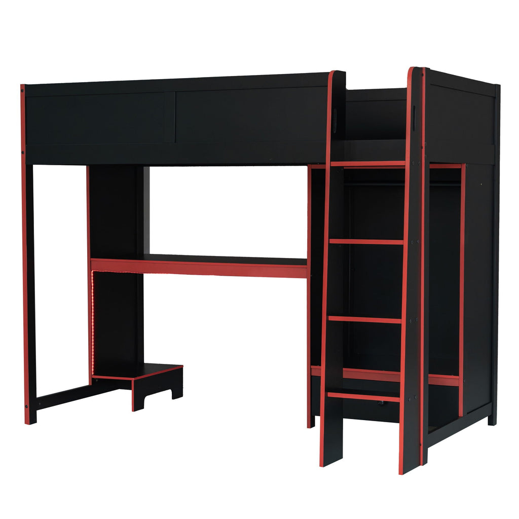 Gaming Loft Bed with Built-In Desk, Wardrobe & LED Lighting - Black