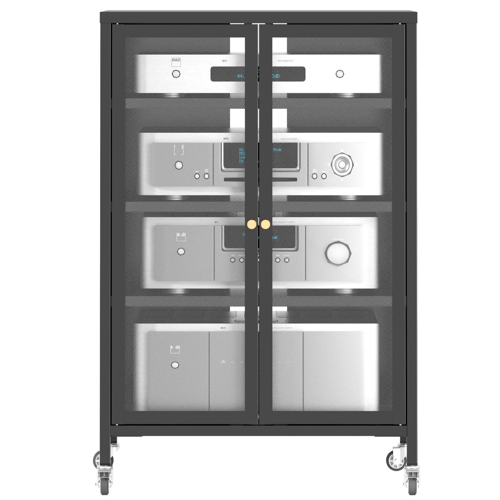 Media Storage Cabinet with Wheels and Adjustable Glass Shelves - Black