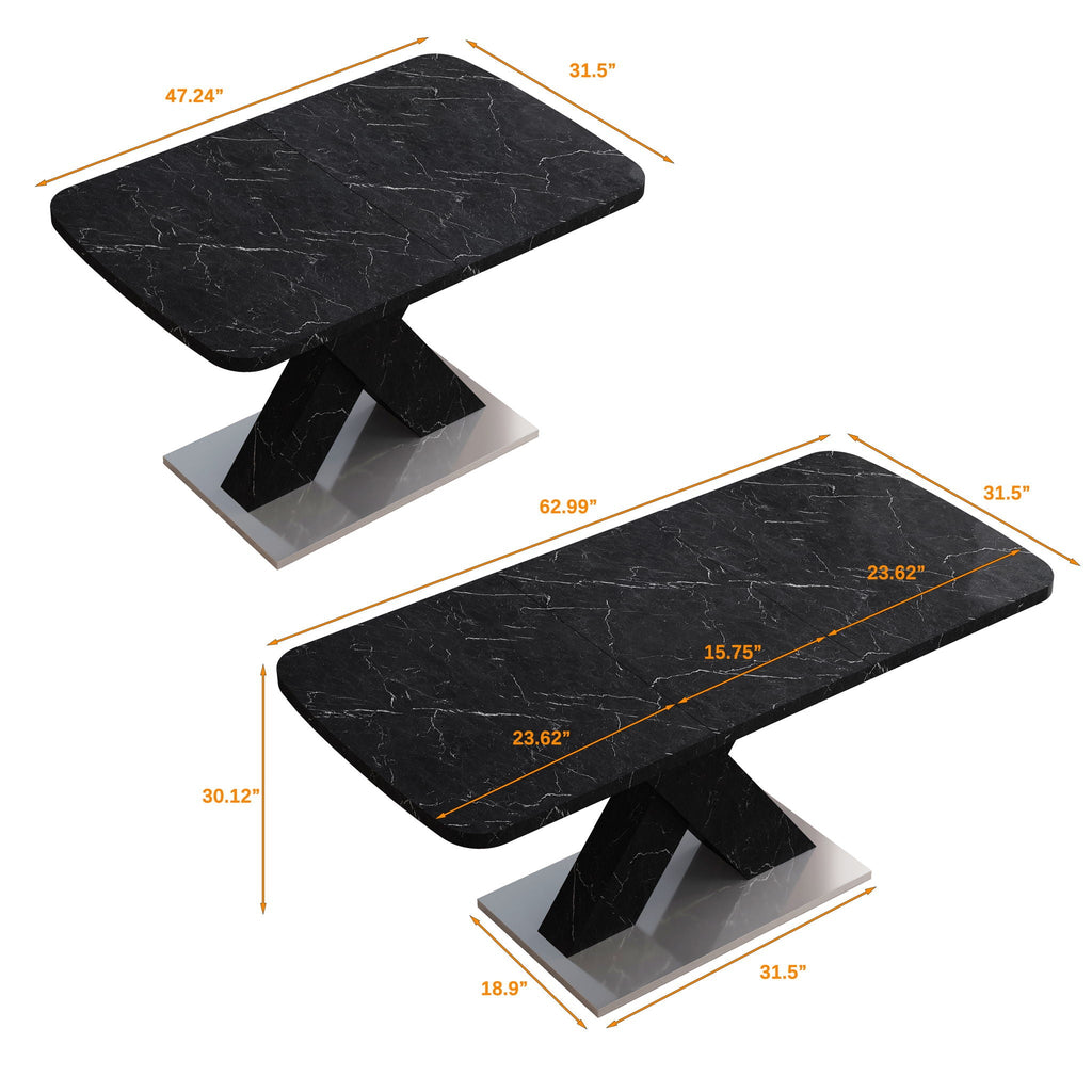 Modern Rectangle Dining Table with Stretchable Top and X Shape Legs - White or Black