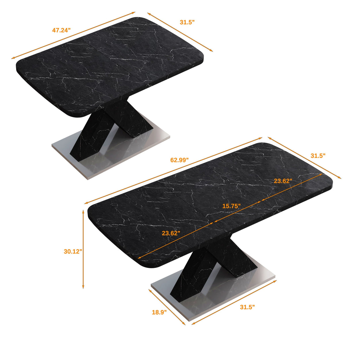 Modern Rectangle Dining Table with Stretchable Top and X Shape Legs - White or Black