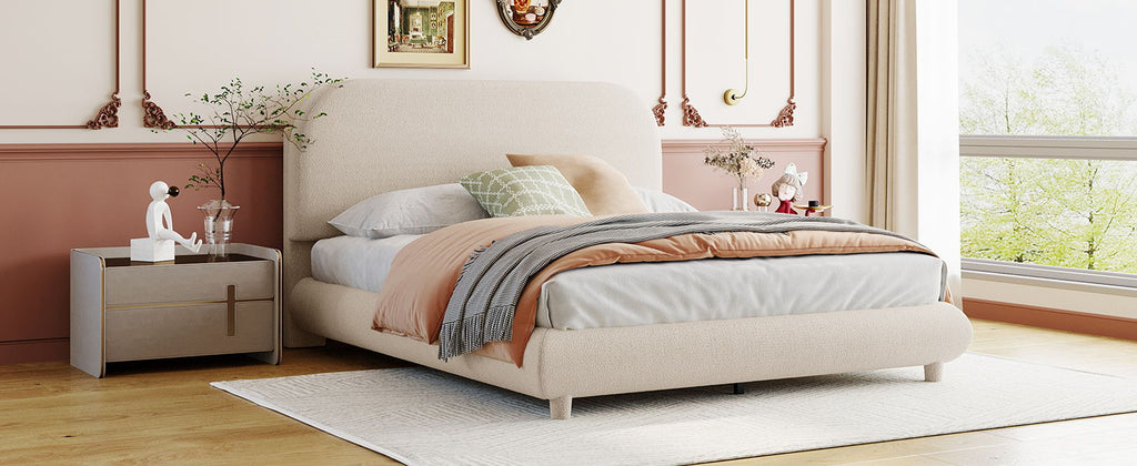 Upholstered Platform Bed with Curve-Shaped Frame - Teddy Fleece - Beige or Dark Gray
