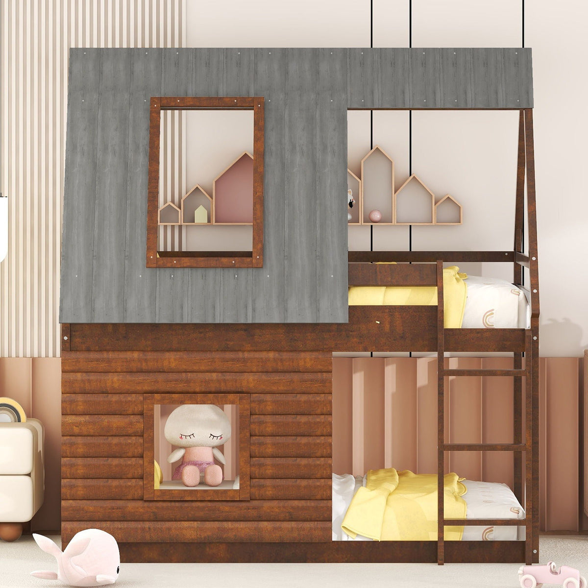Wood Twin Size House Bunk Bed with Roof and 2 Windows - Oak & Smoky Gray