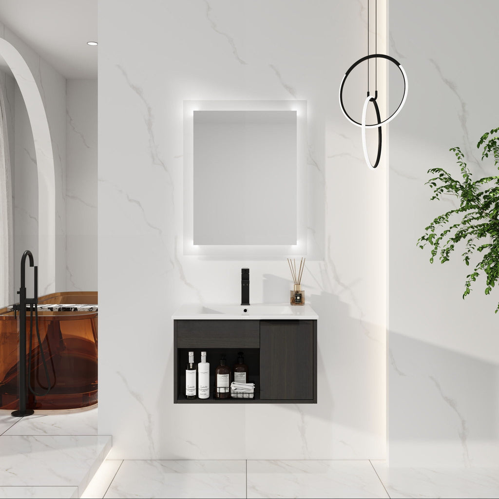 Wall Mounted Floating Bathroom Vanity with Open Shelf & Soft Close Door - Dark Brown