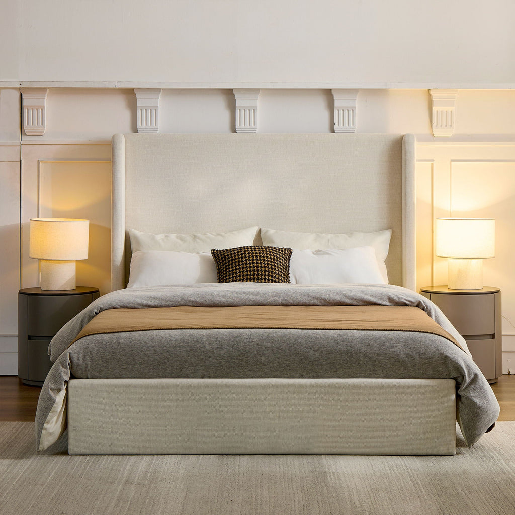 Minimalist Upholstered Wingback Bed Frame with High Headboard - Beige
