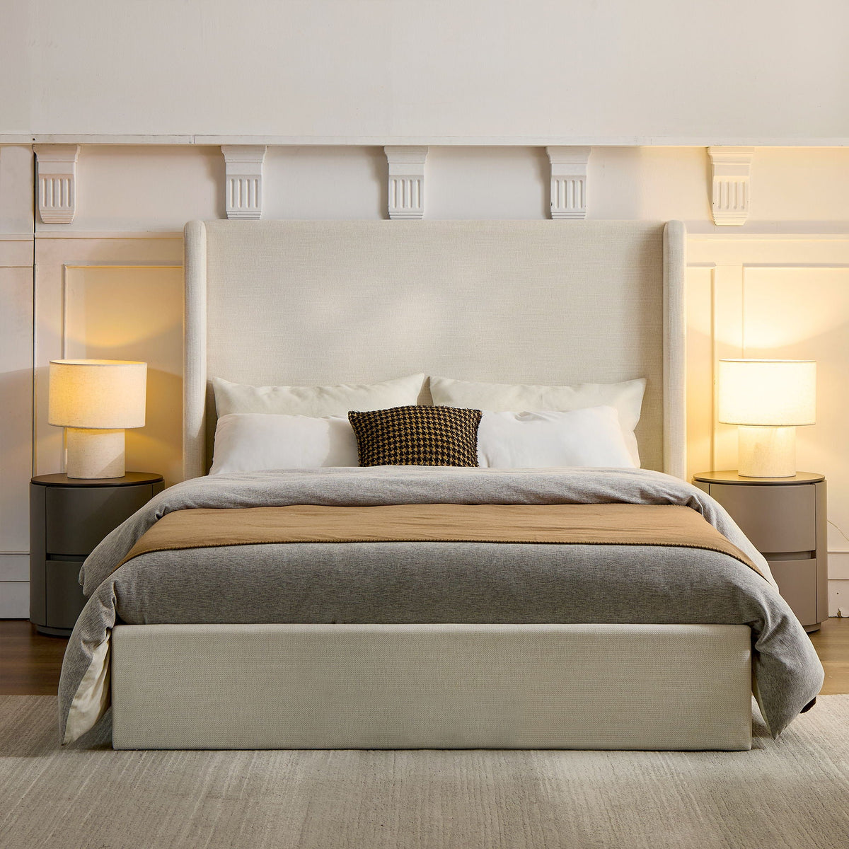 Minimalist Upholstered Wingback Bed Frame with High Headboard - Beige