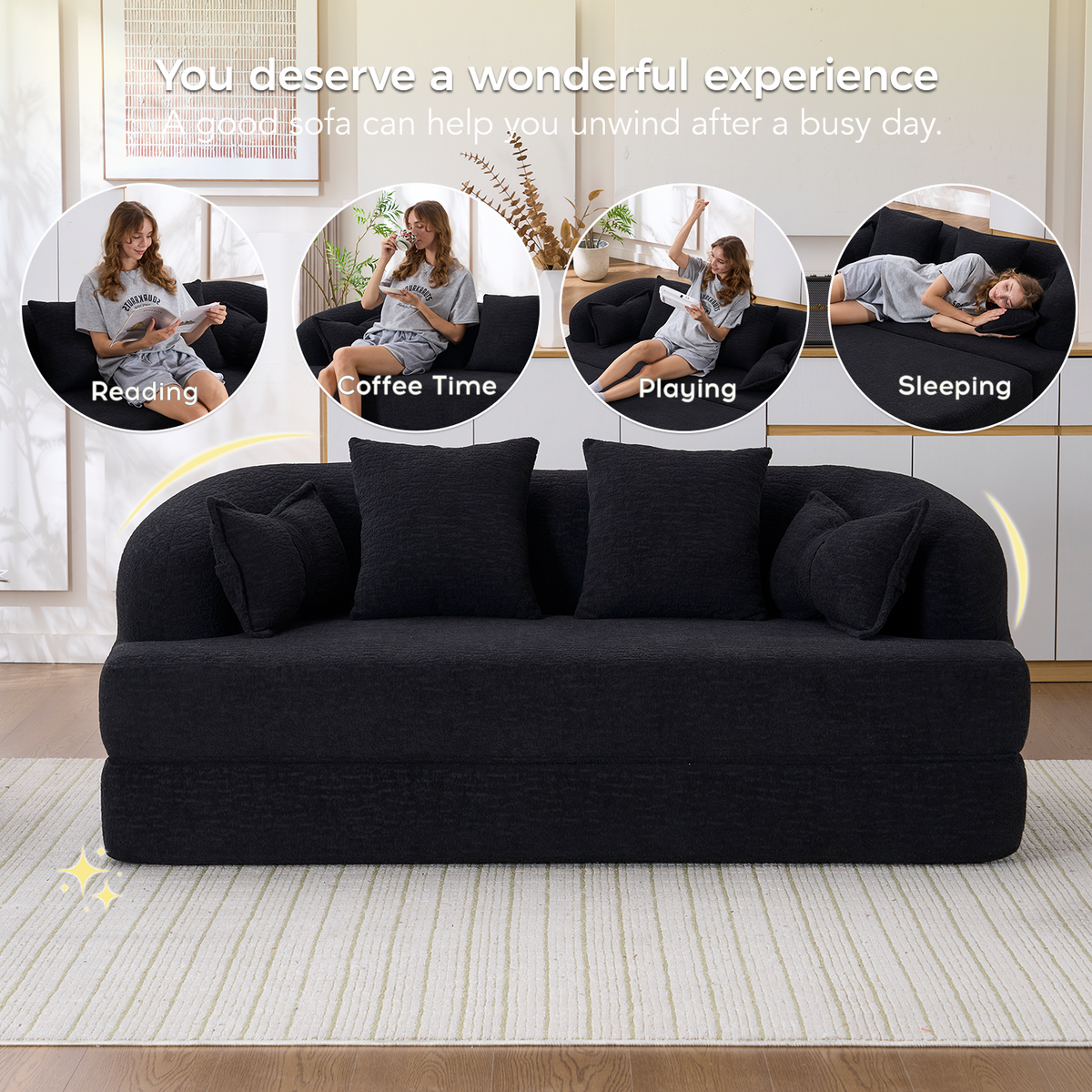 2-in-1 Foldable Sofa Bed with 4 Pillows - Chenille Upholstery