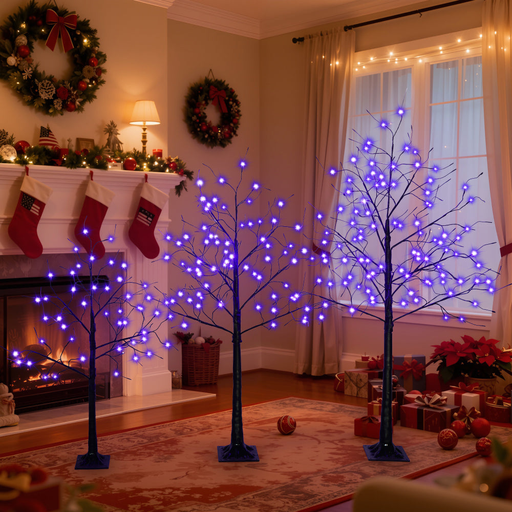 Black Halloween Christmas Tree Set | 3-Pack 4FT + 5FT + 6FT with 216 Purple LED Lights — Adjustable Branches for Spooky Holiday Decor