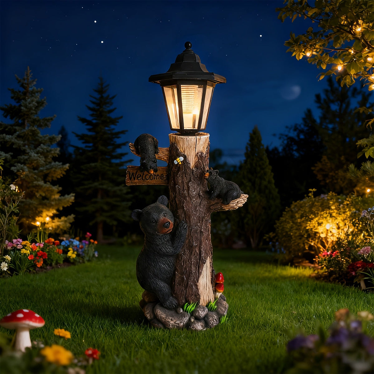 Black Bear Statue Welcome Sign with Solar Light - Black