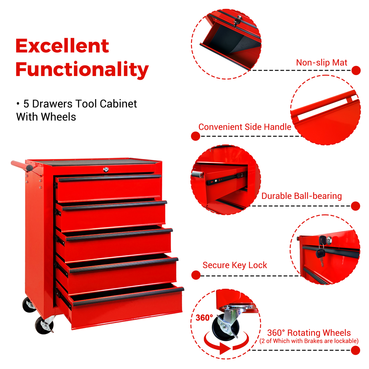 Rolling Metal Tool Chest with 5 Drawers - Red