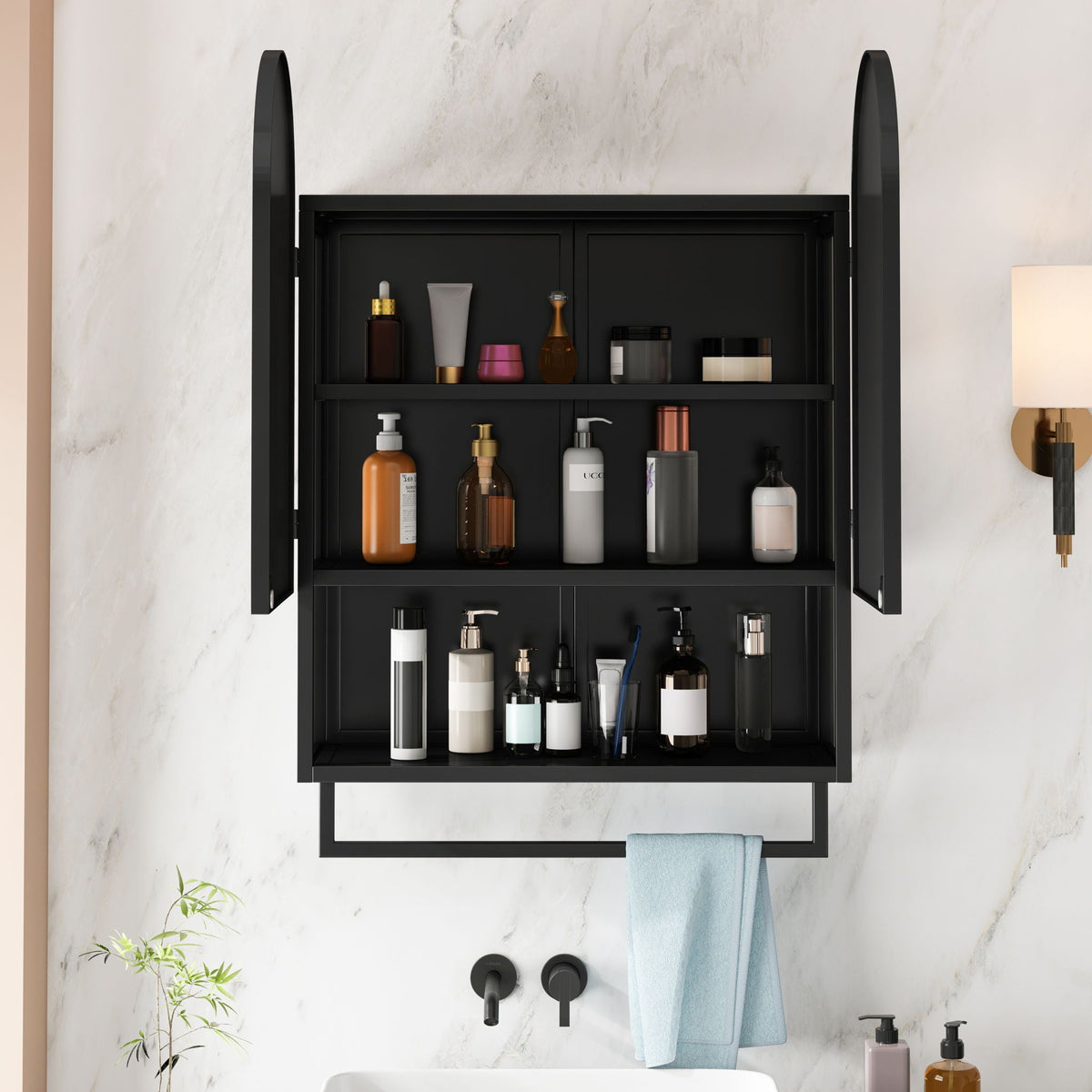 Double Arched Mirror Wall Cabinet with Adjustable Shelves and Towel Rack - Black or White