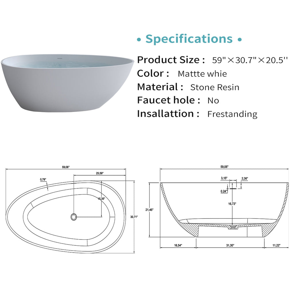 59'' Solid Surface Matte Freestanding Bathtub