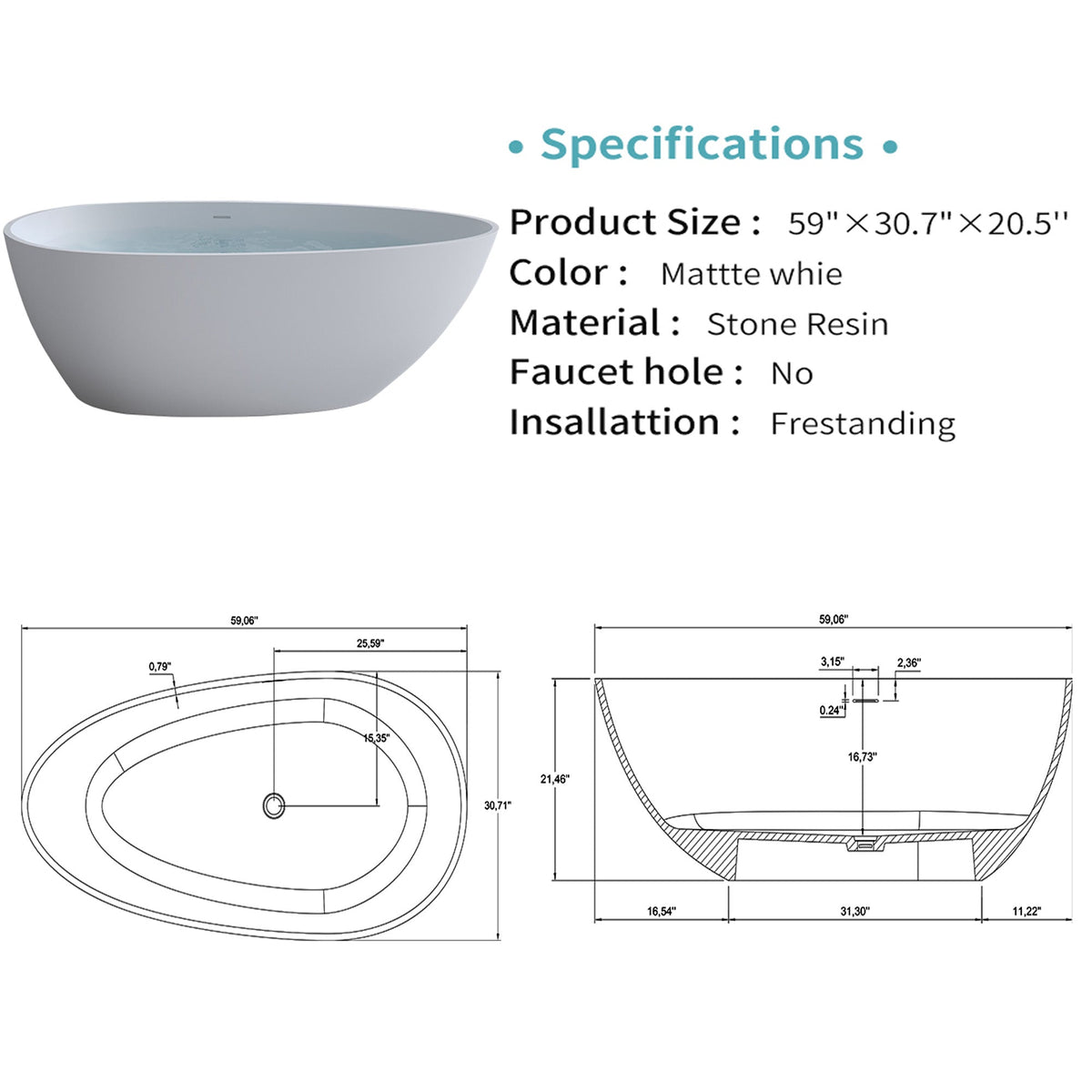 59'' Solid Surface Matte Freestanding Bathtub