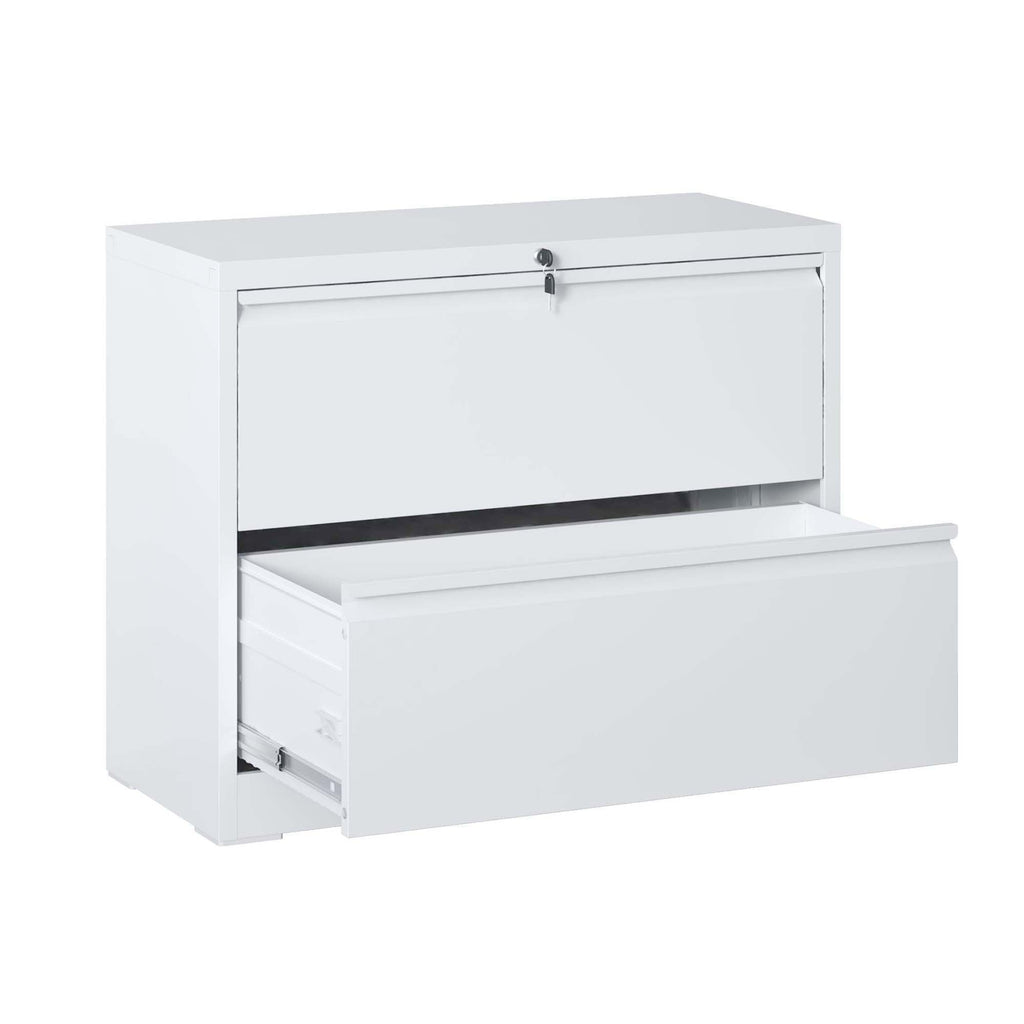Lateral File Cabinet with Locking System and Anti-Tip Interlock - White