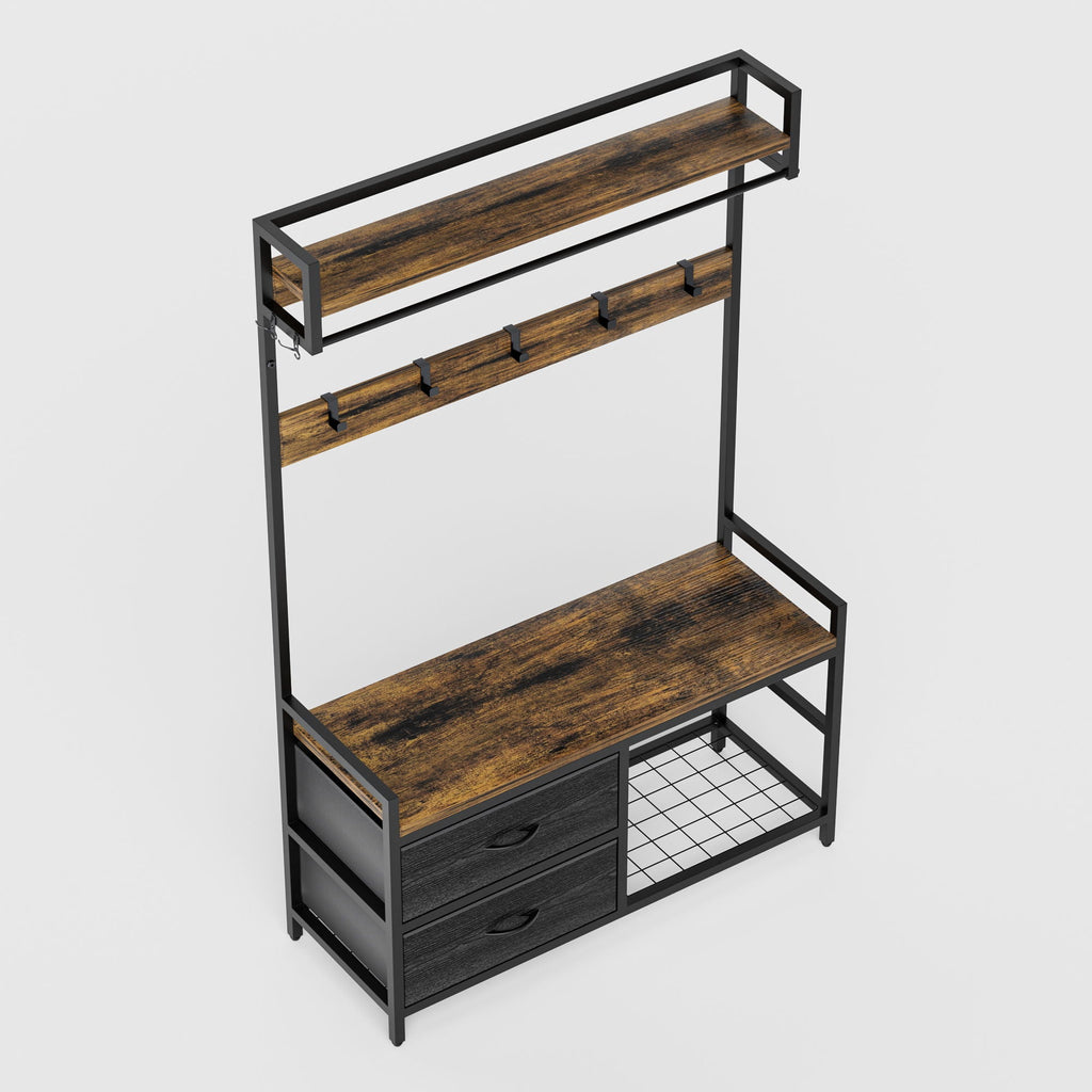 Rustic Brown Hall Tree With 2 Movable Drawers