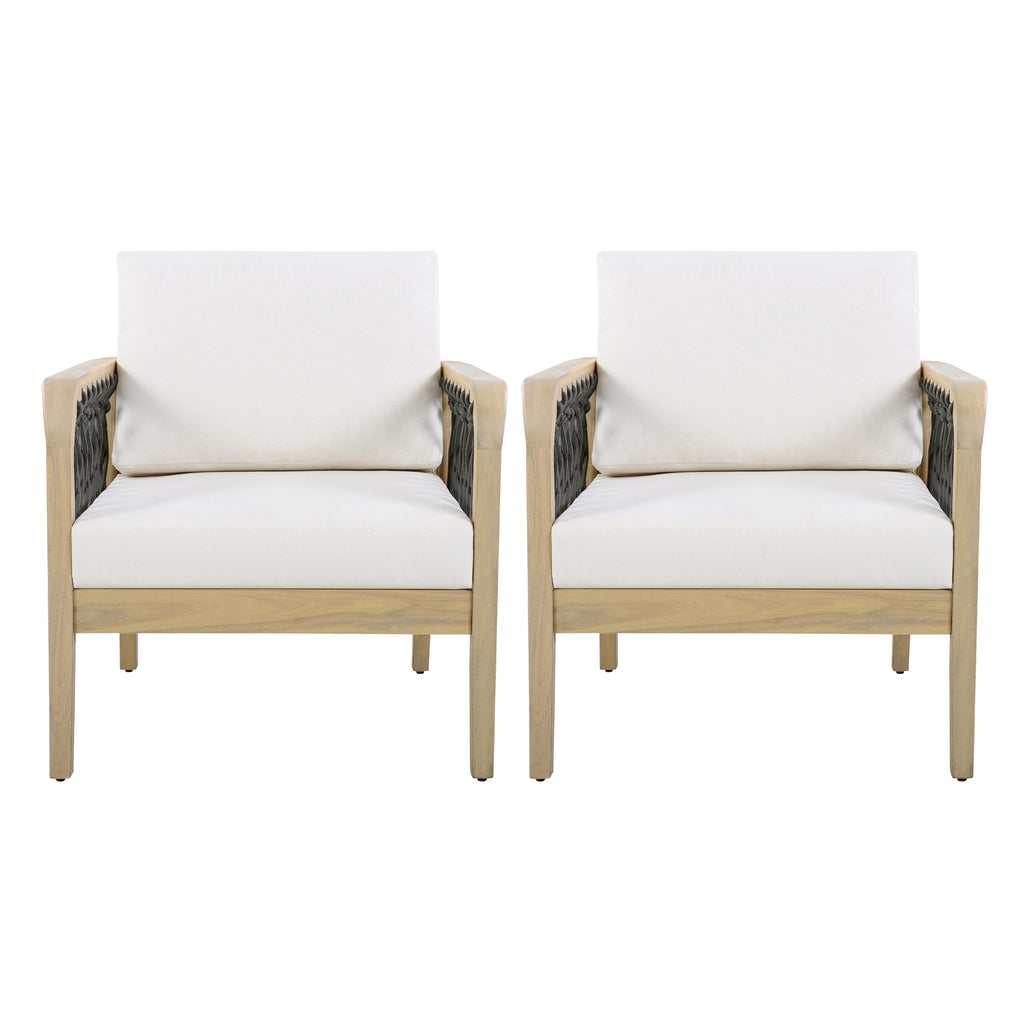 Outdoor Acacia Wood Club Chair with Handwoven Rope Armrests - Cream