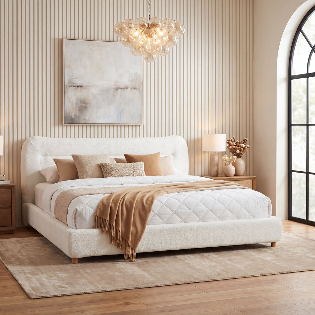 Minimalist Curved Headboard Bed with Teddy Fleece - King